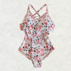 Jantzen Rose Print Front Lacing Back Tie Swimsuit